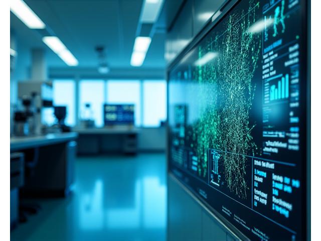 Un moderno laboratorio di ricerca con schermi che mostrano dati biomedici e analisi AI