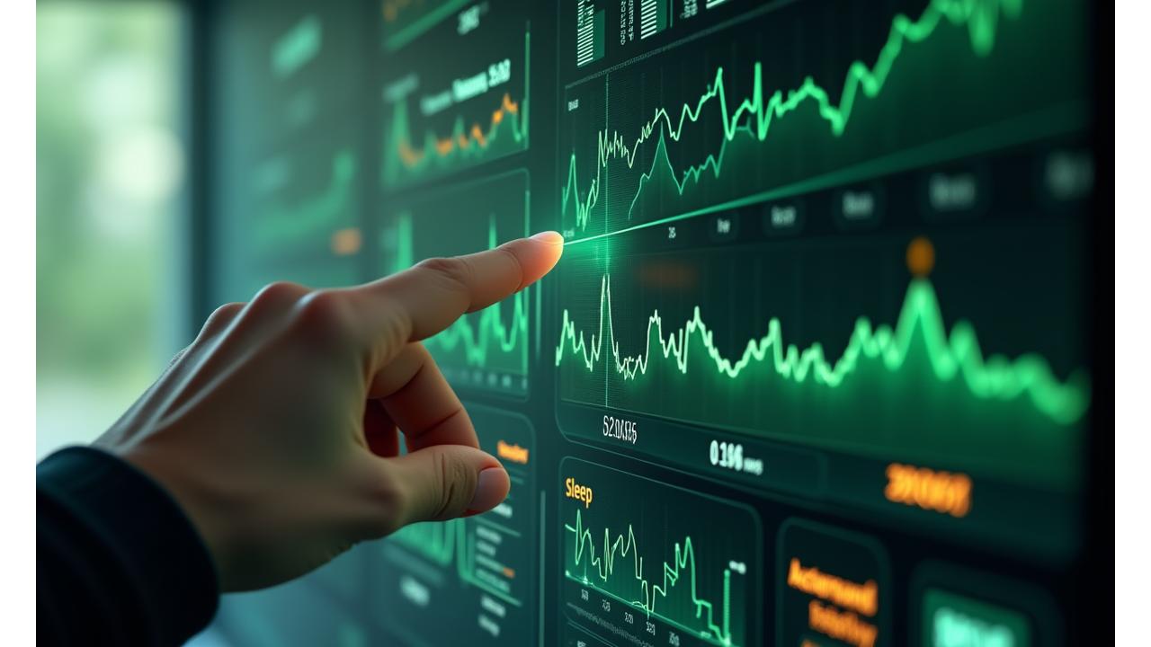 Dashboard wellness futuristica con grafici e dati in tempo reale, colori vivaci e un'interfaccia elegante. 