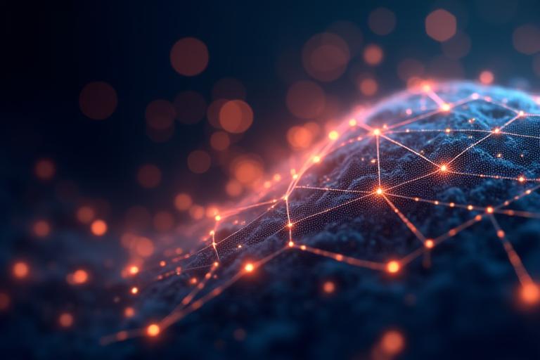 Illustrazione astratta di intelligenza artificiale, con nodi e connessioni luminose che formano un cervello stilizzato o una rete neurale, colori tenui e futuristici.