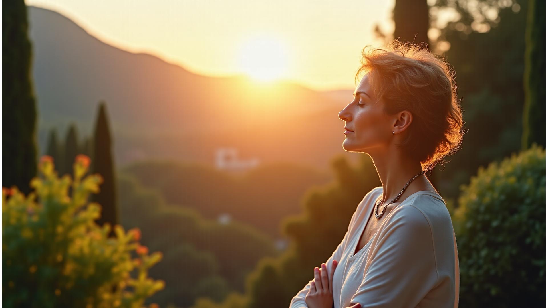 Donna pensierosa che pratica mindfulness in un ambiente naturale, con grafici wellness sovrapposti.