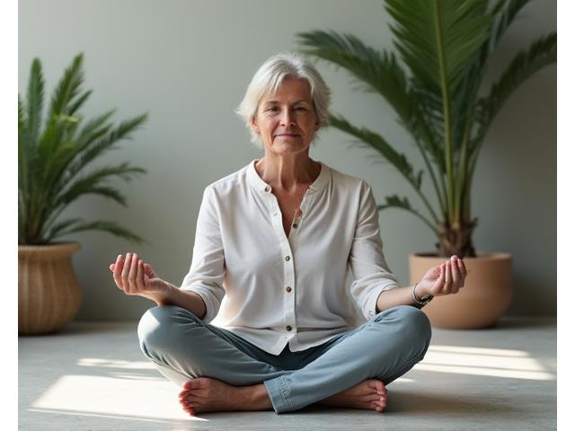 Persona adulta che medita in un ambiente sereno e minimalista, con le mani in posizione mudra.