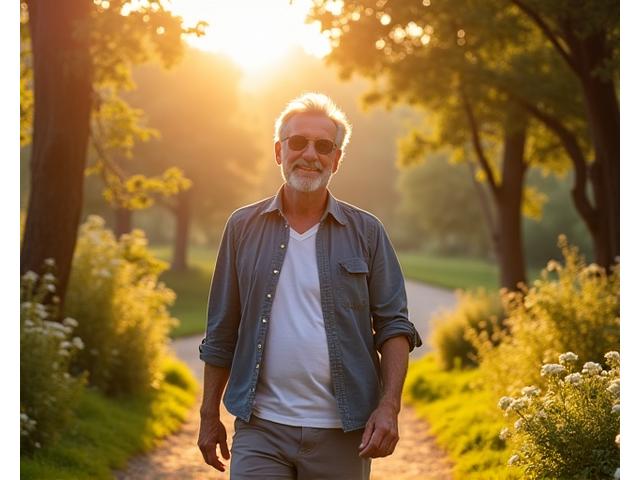 Uomo sorridente di mezza età che cammina in una foresta rigogliosa, con i raggi del sole che filtrano tra gli alberi.
