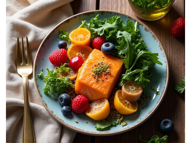 Primo piano di un piatto colorato e sano, ricco di verdure e spezie anti-infiammatorie.