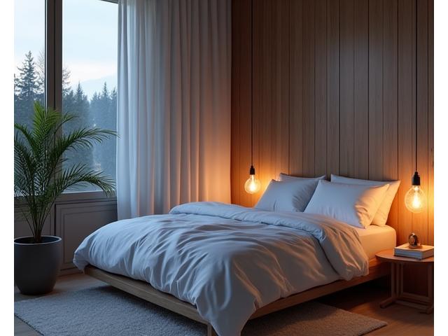 Una camera da letto minimalista e accogliente con un letto rifatto, illuminata da luce soffusa, simbolo di buon riposo.