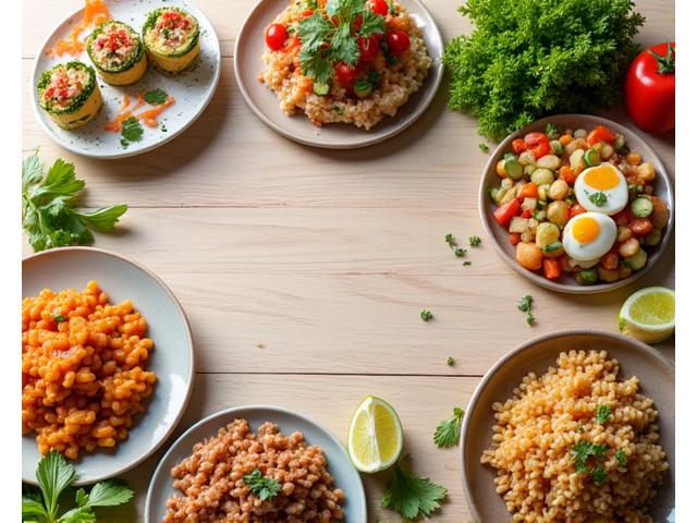 Illustrazione di diverse pietanze culturalmente specifiche, come sushi, pasta, curry, e tacos, mostrate in un contesto di dieta equilibrata, simbolo di adattamento alimentare culturale