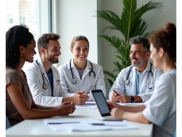 Team internazionale di professionisti del benessere di diverse etnie, sorridenti e collaborativi, seduti attorno a un tavolo con tablet e documentazione multilingue, simbolo di esperienza madrelingua e culturale