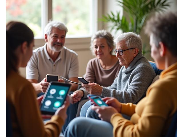 Persone di diverse abilità e background culturali che utilizzano dispositivi digitali, con icone di audio, sottotitoli e traduzione simultanea, simboleggiando l'accessibilità linguistica e l'inclusività nel wellness