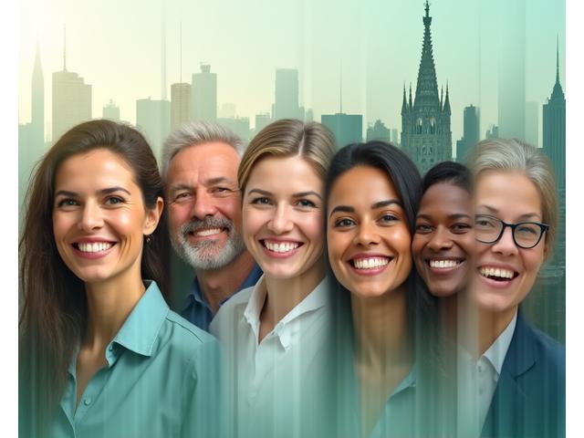 Mosaico di volti sorridenti di diverse etnie e età, ambientato sullo sfondo di un profilo urbano stilizzato di Milano, simboleggiando una comunità wellness globale e inclusiva
