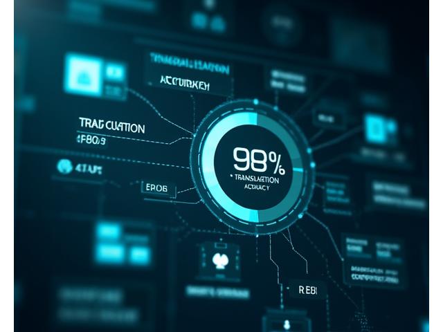 Display digitale che mostra un grafico a torta con '98% accuratezza di traduzione' e un nastro di certificazione 'Qualità verificata', con icone di revisione e feedback, simboleggiando un processo di qualità certificato