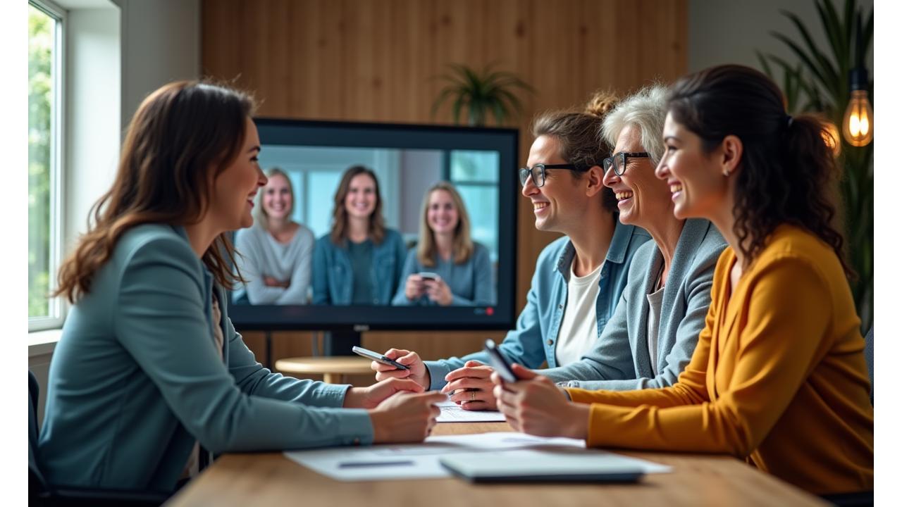 Un gruppo di esperti in benessere, tra cui una nutrizionista, un personal trainer e un life coach, sorridono mentre interagiscono in una sessione di domande e risposte online. Ambiente professionale e accogliente.
