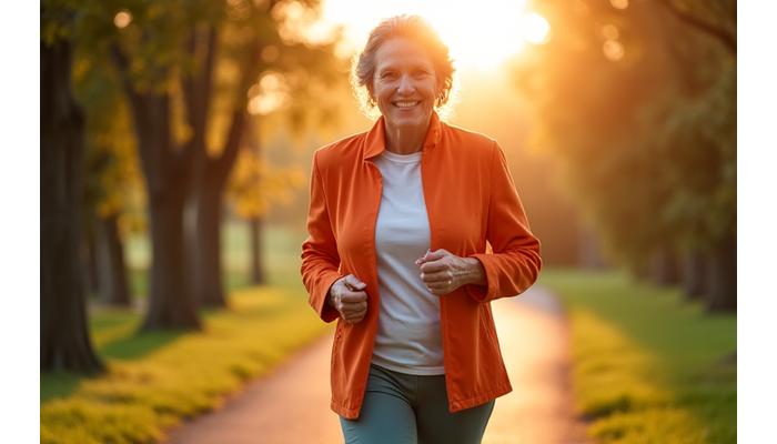 Giovanna, 55 anni, sorride raggiante dopo aver raggiunto un obiettivo di benessere. Scatto 'prima e dopo' stilizzato.