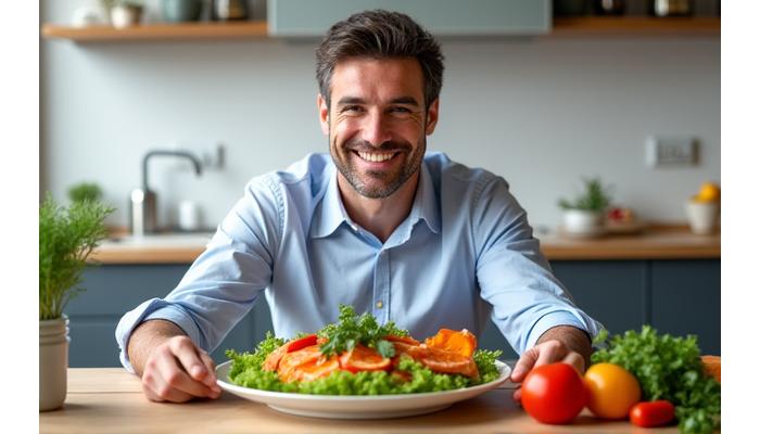 Marco, 48 anni, cucina un pasto sano e colorato, simbolo del suo cambiamento alimentare.