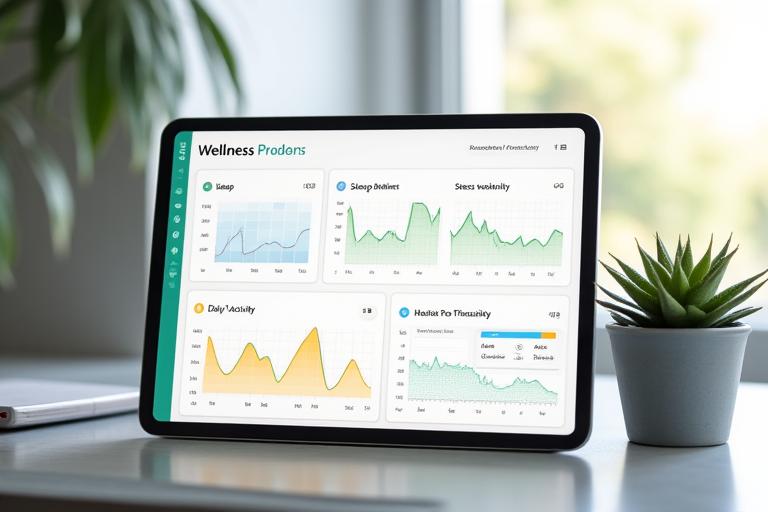 Mockup di una dashboard Vitalegno con grafici su sonno, attività fisica e stress, mostrando dati personalizzati e tendenze.