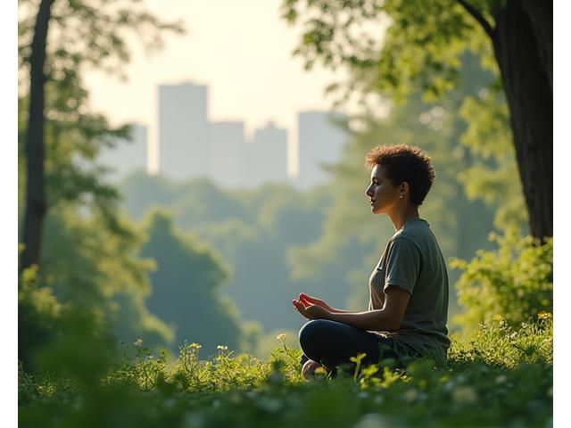 Persona in posizione mindfulness con foglie verdi, simbolo di calma interiore.