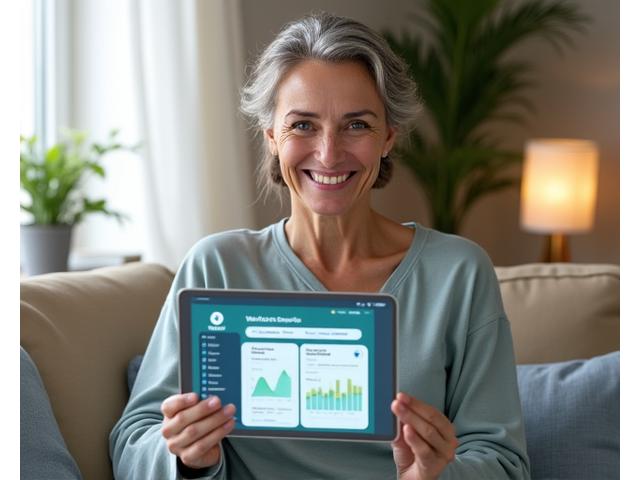 Donna di mezza età sorridente mentre controlla raccomandazioni personalizzate su un tablet, circondata da simboli di benessere.