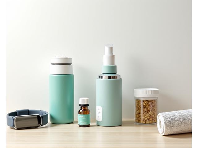 Selezione curata di prodotti wellness, tra cui smartwatches, bottiglie d'acqua intelligenti, e integratori naturali, disposti elegantemente.