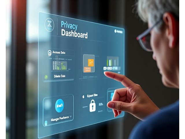 Illustrazione di un utente che gestisce i propri dati personali tramite un'interfaccia digitale, con icone che rappresentano i diritti GDPR.