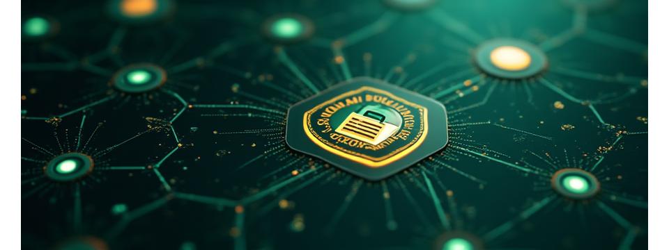 Icone stilizzate di certificazioni di sicurezza come ISO 27001 e GDPR, su uno sfondo astratto e futuristico.