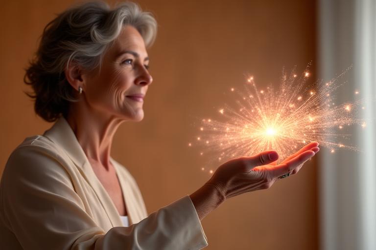 Donna che interagisce con un'interfaccia olografica wellness senza contatto, con gesti delle mani, in un ambiente futuristico e sereno.