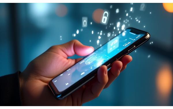Mano che tiene un dispositivo mobile con dati protetti sullo schermo, simboleggia la privacy e il controllo dell'utente.