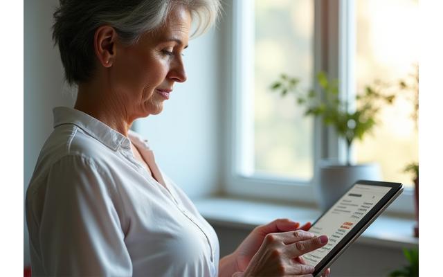 Donna legge un documento digitale su un tablet, con un'interfaccia utente pulita che evidenzia punti chiave. Simboleggia trasparenza e comprensione.