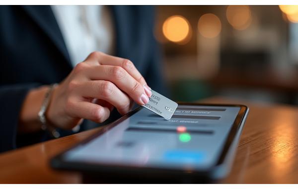 Mano mostra una carta di credito accanto a un'interfaccia di pagamento digitale con etichette chiare e prezzi trasparenti.